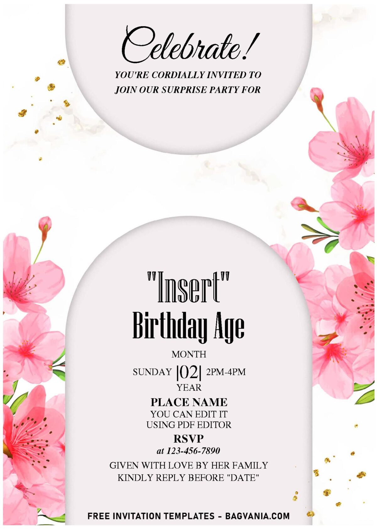 (Free Editable PDF) Picturesque Pink Japanese Sakura Birthday Invitation Templates with elegant script