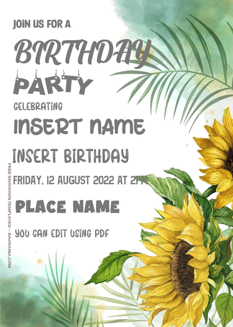 ( Free Editable PDF ) Summer Sunflowers Birthday Invitation Templates One