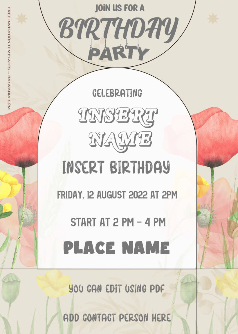 ( Free Editable PDF ) Blooming Meadow Floral Birthday Invitation Templates Two