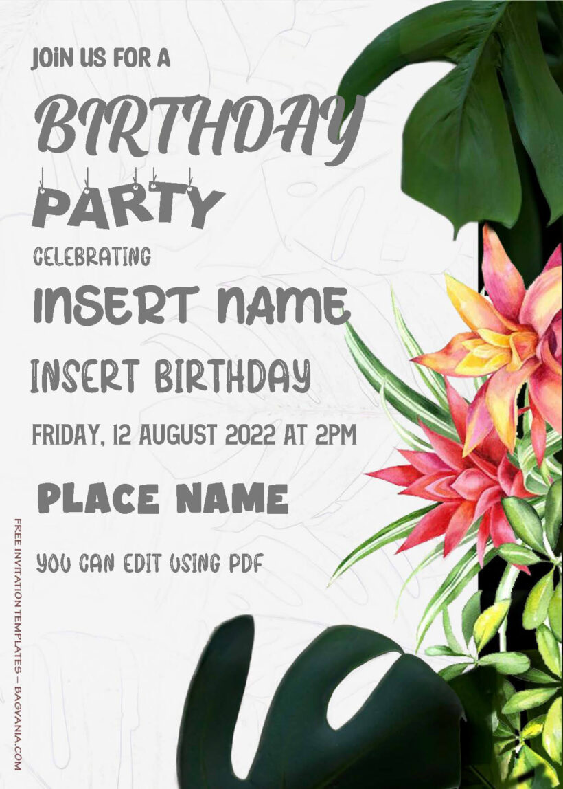 ( Free Editable PDF ) Watercolor Tropical Birthday Invitation Templates Three