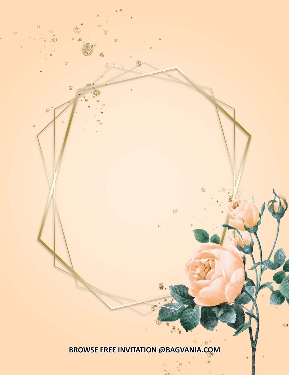 Hand Drawn Pink Roses With Hexagonal Gold Frame Invitations + Party ...