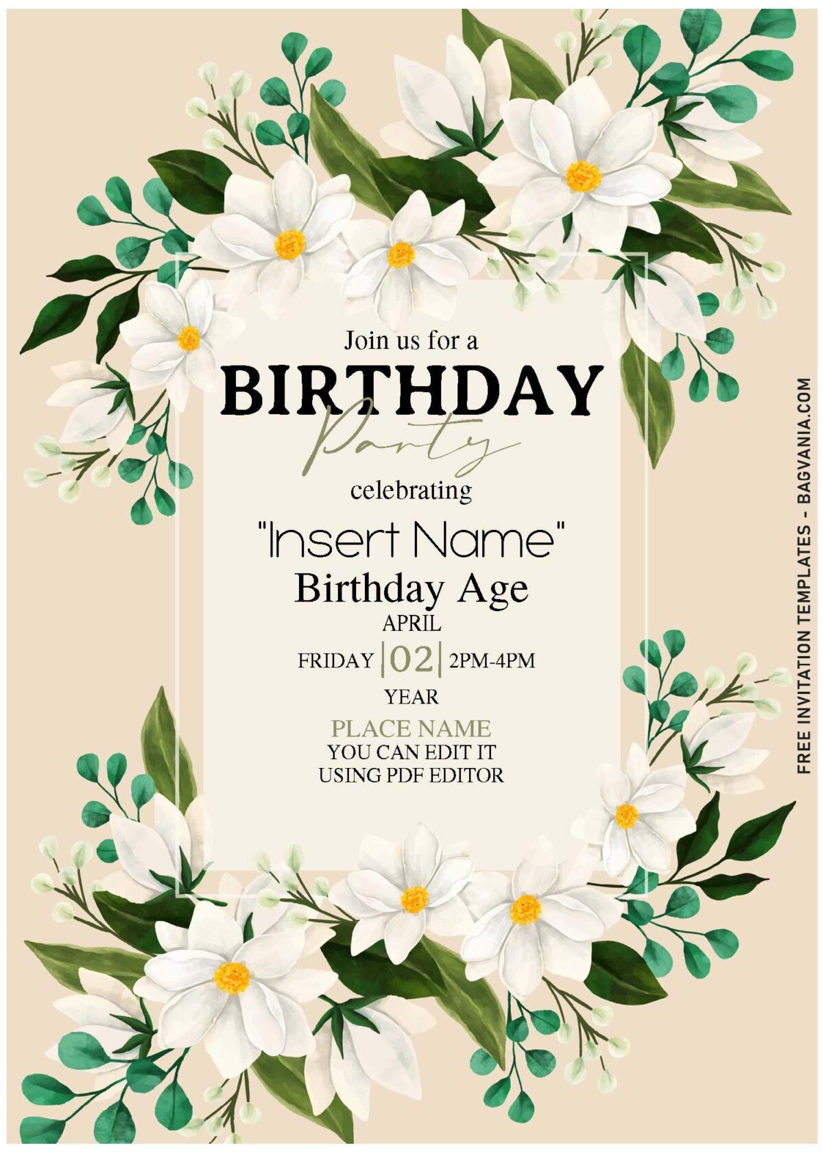 (Free Editable PDF) Spring Love White Flowers Birthday Invitation Templates with rustic beige background