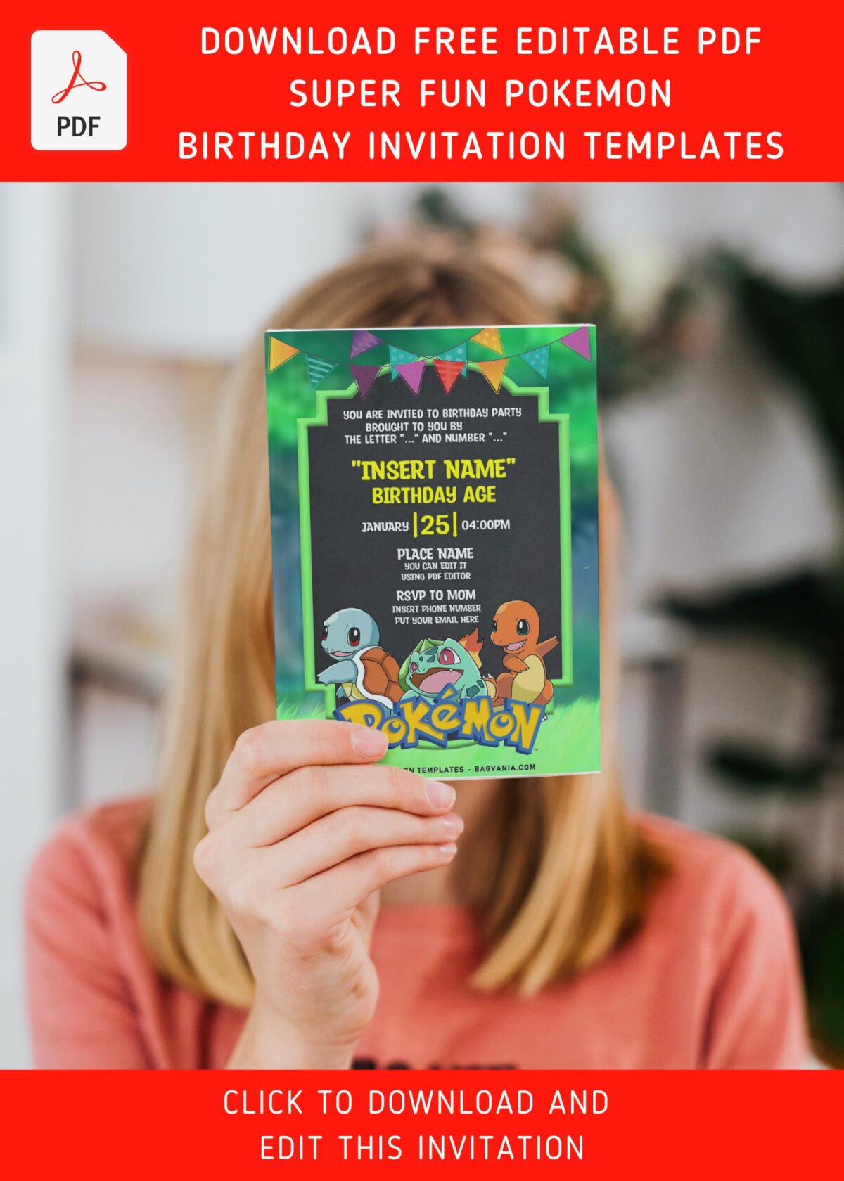 (Free Editable PDF) Hilarious Pikachu And Friends Pokémon Birthday Invitation Templates with colorful bunting flags
