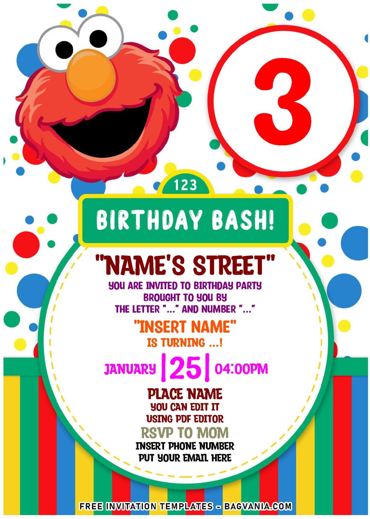 (Free Editable PDF) Super Cute Sesame Street Birthday Invitation Templates with colorful polka dots