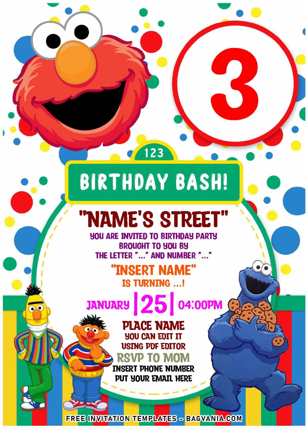 (Free Editable PDF) Super Cute Sesame Street Birthday Invitation Templates with colorful text