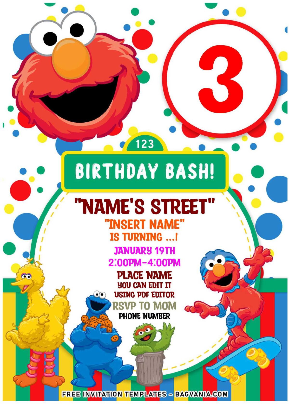 (Free Editable PDF) Super Cute Sesame Street Birthday Invitation Templates with adorable skateboarding Elmo