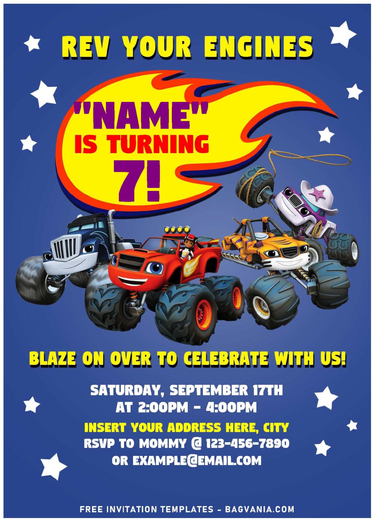(Free Editable PDF) Epic Blazing Blaze And The Monster Machine Birthday Invitation Templates with racing blue background