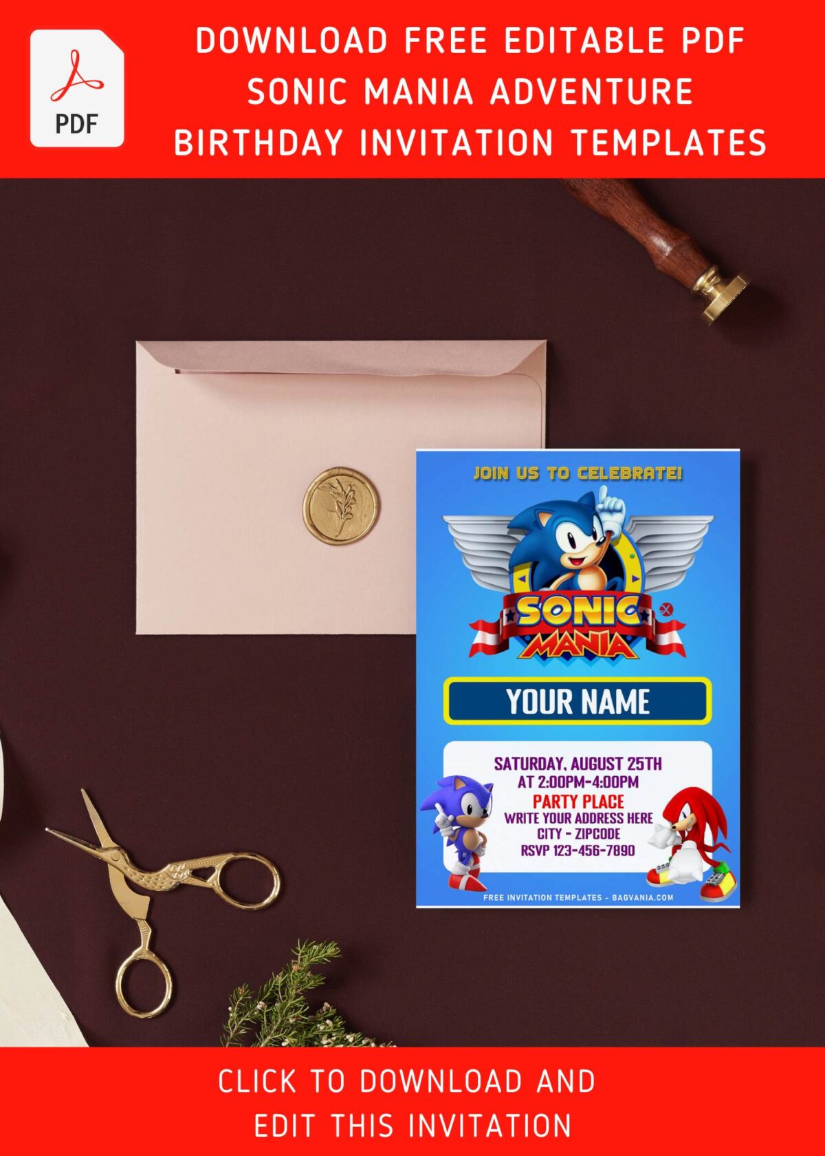 (Free Editable PDF) Super Cool Classic Sonic The Hedgehog Birthday Invitation Templates with cute Sonic and Knuckle the red hedgehog
