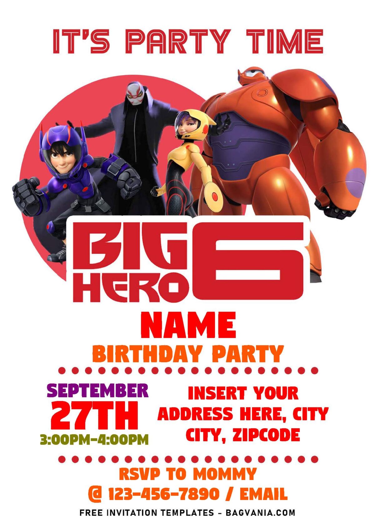 (Free Editable PDF) Adorable Big Hero 6 Baymax Birthday Invitation Templates with simple white background