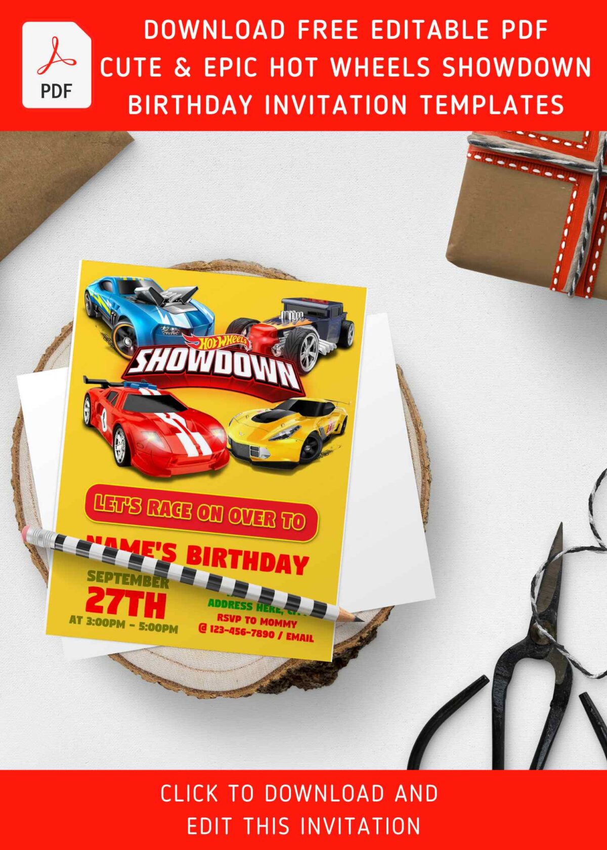 (Free Editable PDF) Race With The Winner Hot Wheels Birthday Invitation Templates with colorful text