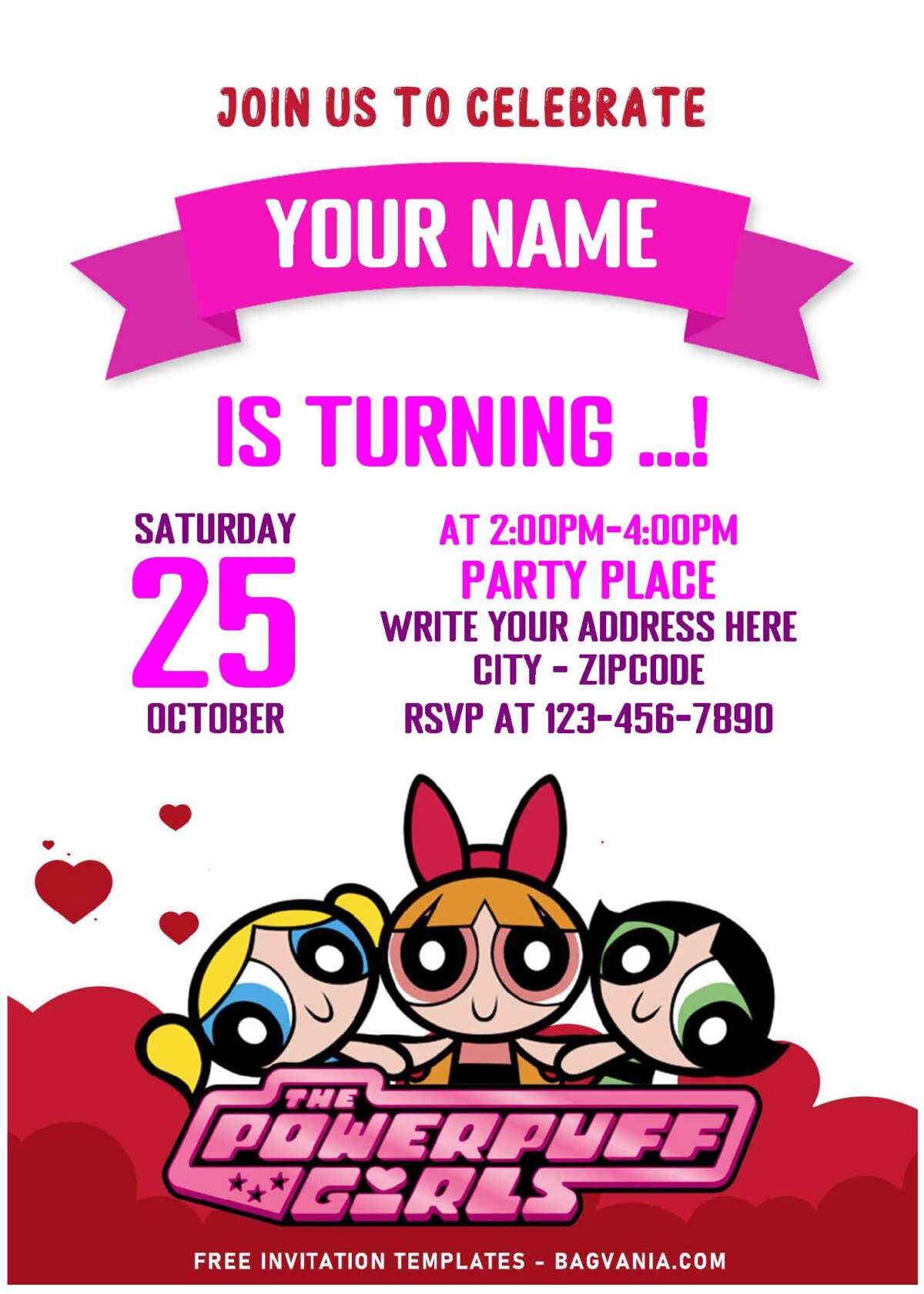 (Free Editable PDF) You Glow Girl Powerpuff Girls Birthday Invitation Templates with adorable Blossom