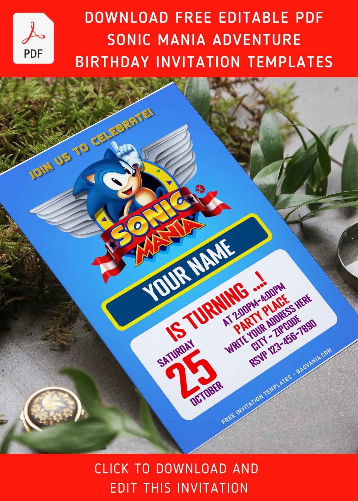 (Free Editable PDF) Super Cool Classic Sonic The Hedgehog Birthday Invitation Templates with adorable name box