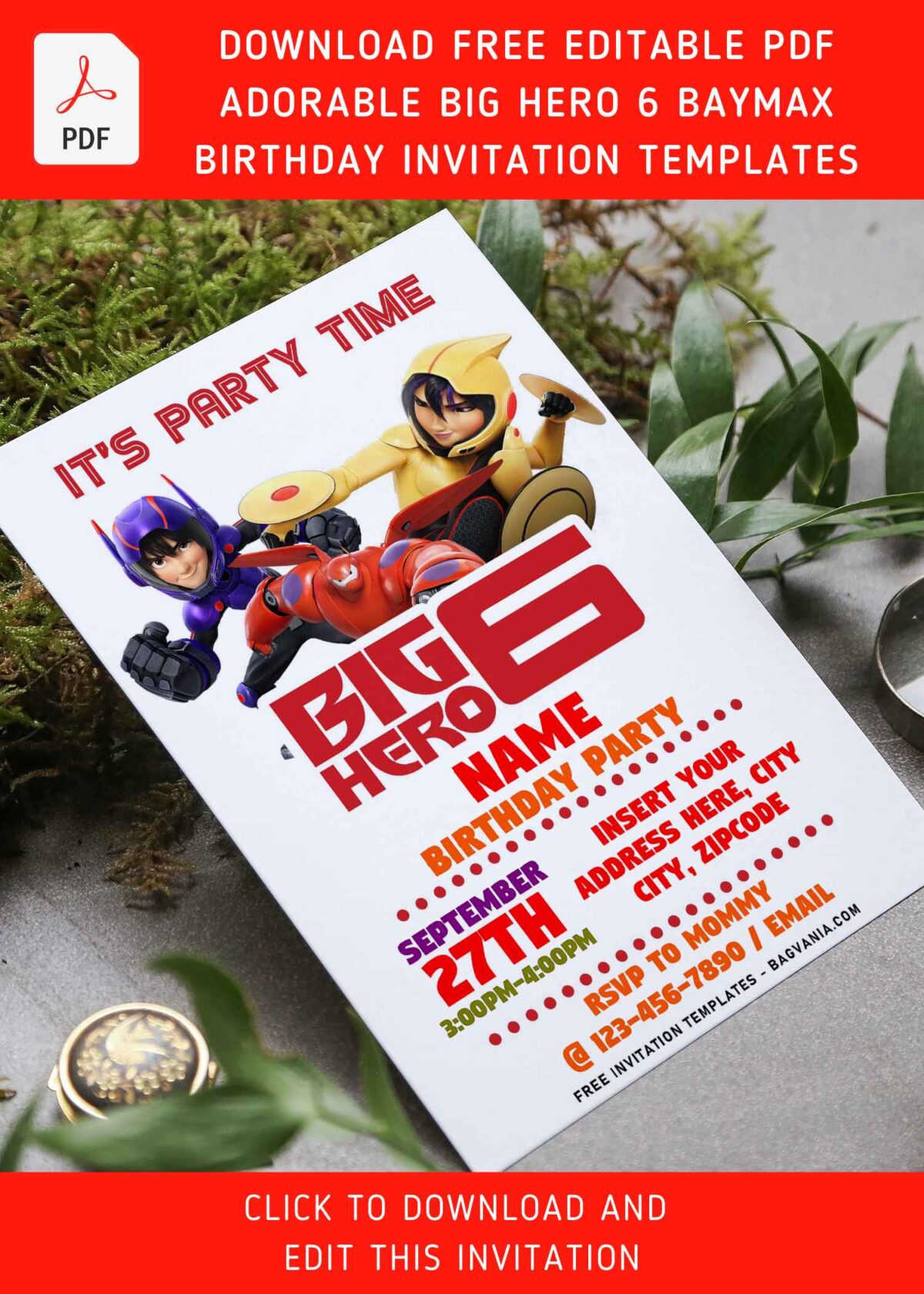 (Free Editable PDF) Adorable Big Hero 6 Baymax Birthday Invitation Templates with portrait orientation design