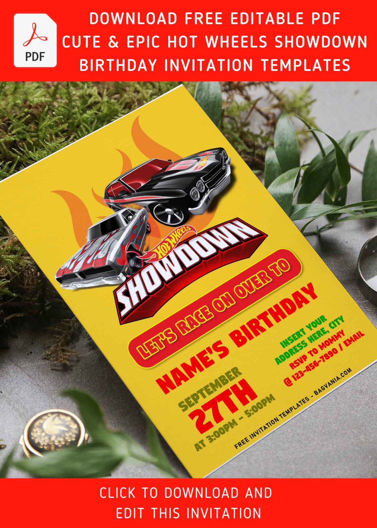 (Free Editable PDF) Race With The Winner Hot Wheels Birthday Invitation Templates with flaming decal