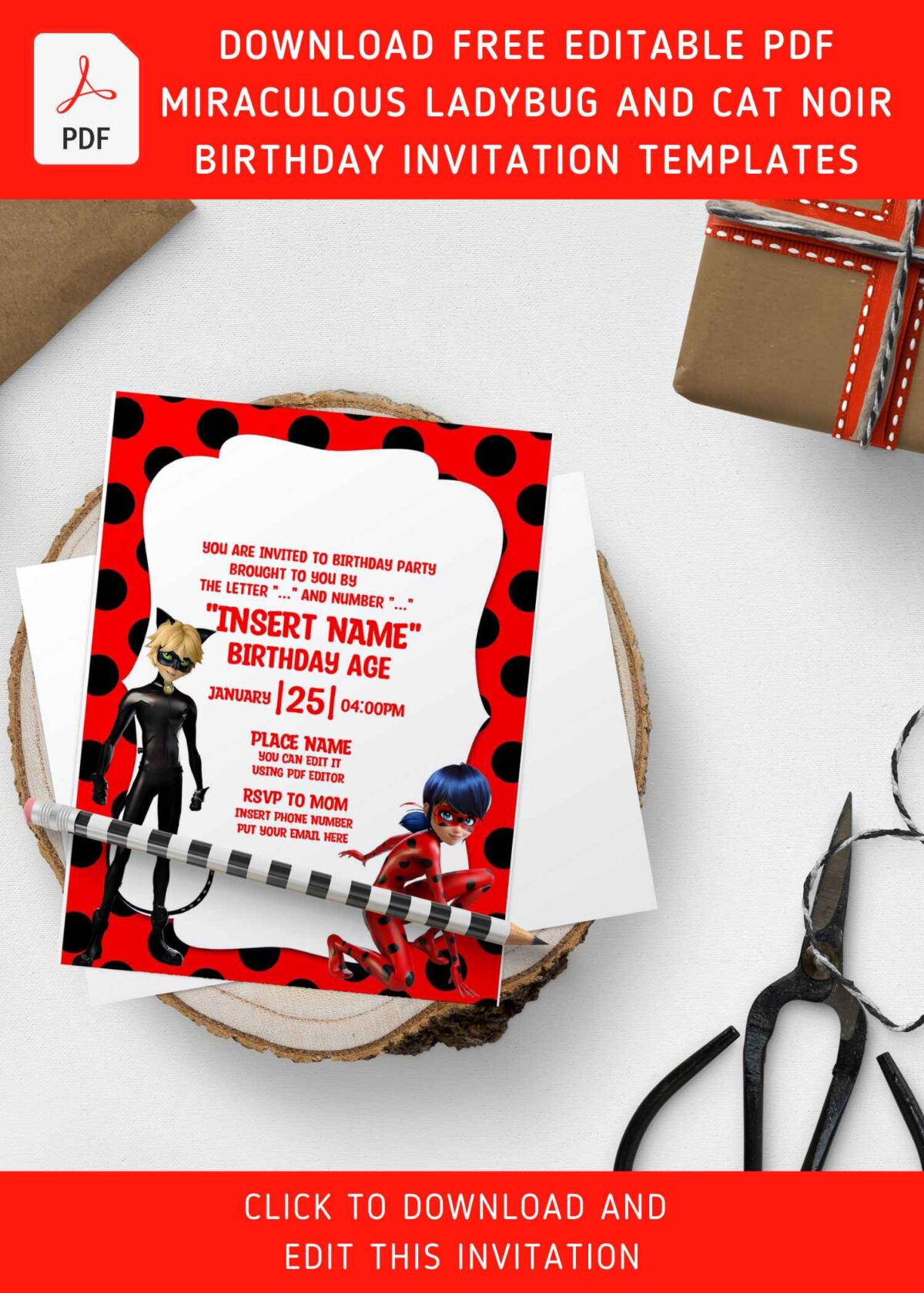 (Free Editable PDF) Super-Hero Ladybug And Cat Noir Birthday Invitation Templates with 