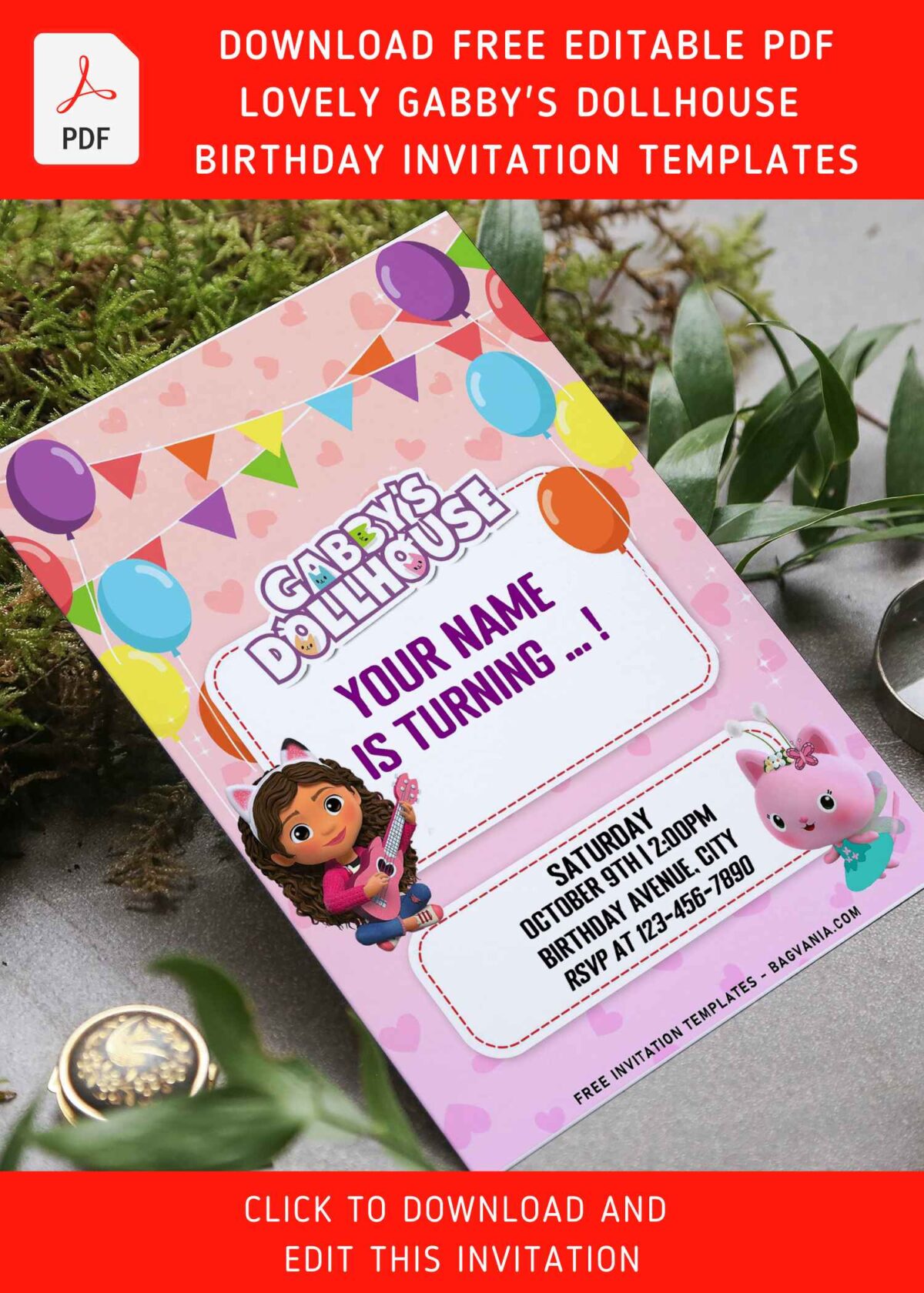 (Free Editable PDF) Purr-fect Gabby's Dollhouse Birthday Invitation Templates with Catrat