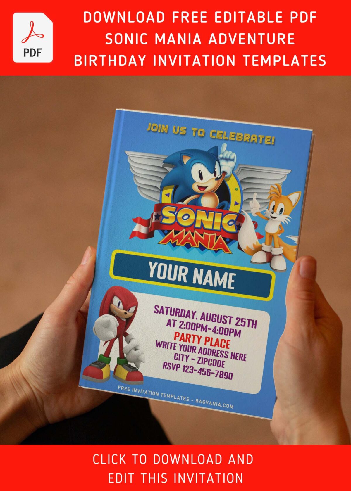 (Free Editable PDF) Super Cool Classic Sonic The Hedgehog Birthday Invitation Templates with adorable Miles Tails Prower