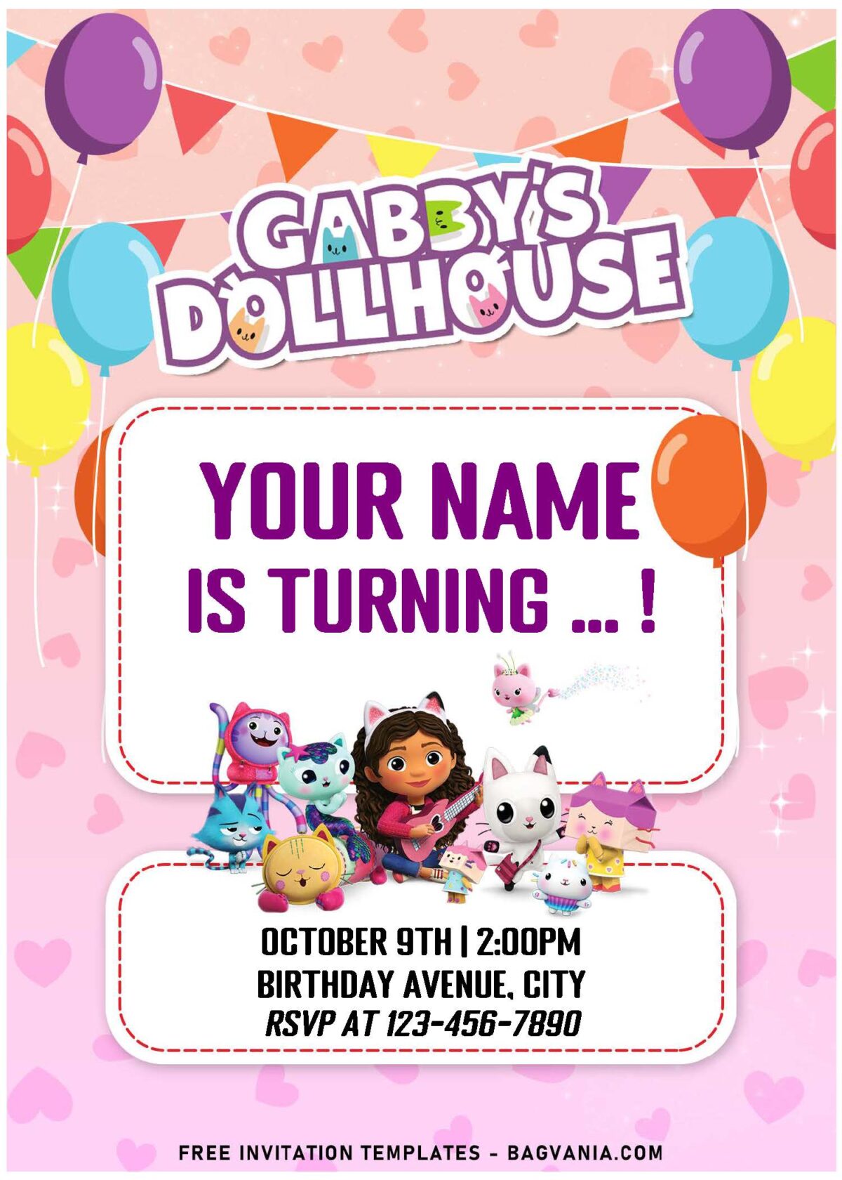 (Free Editable PDF) Purr-fect Gabby's Dollhouse Birthday Invitation Templates with party popper and bunting flags