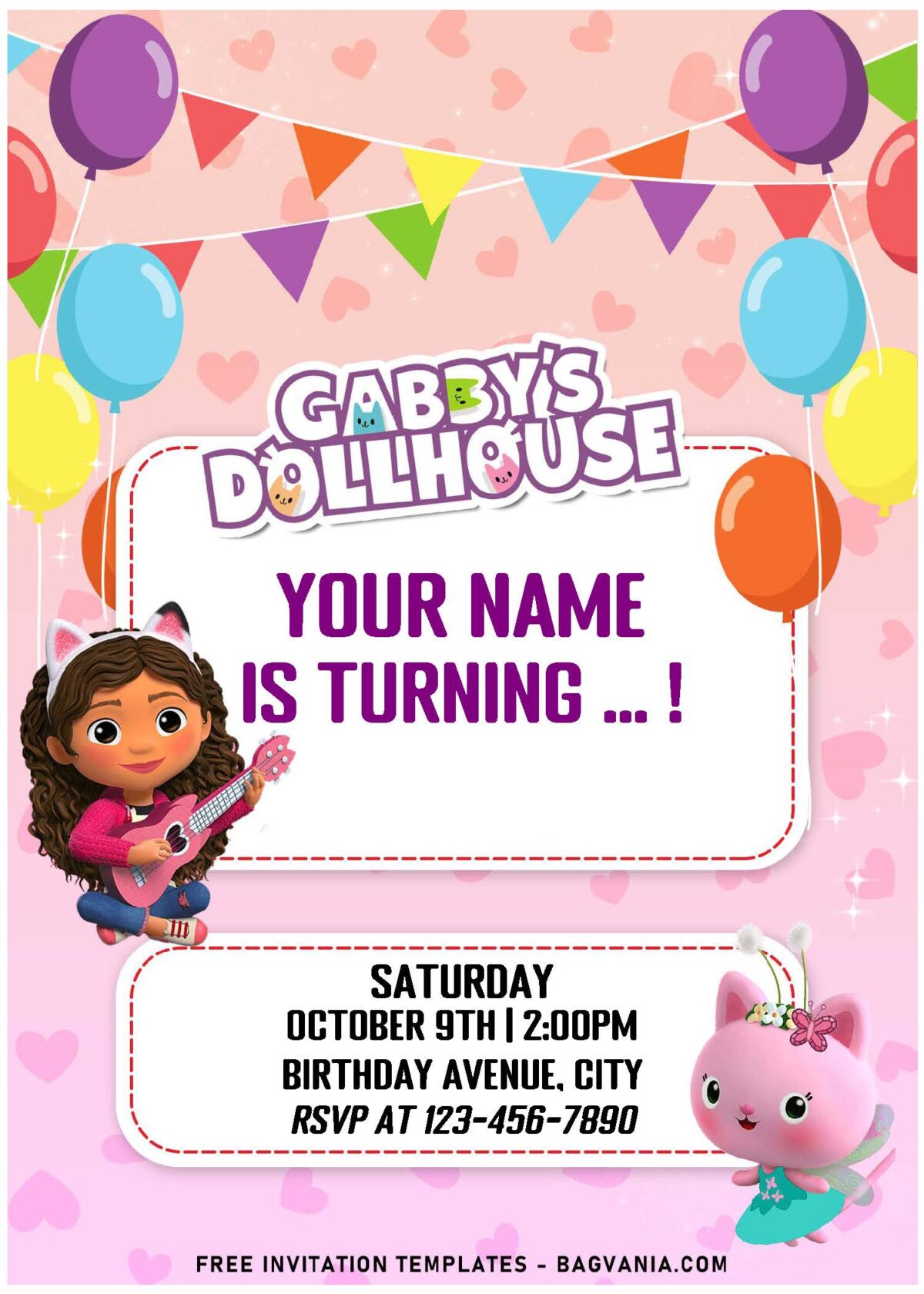(Free Editable PDF) Purr-fect Gabby's Dollhouse Birthday Invitation Templates with colorful balloons