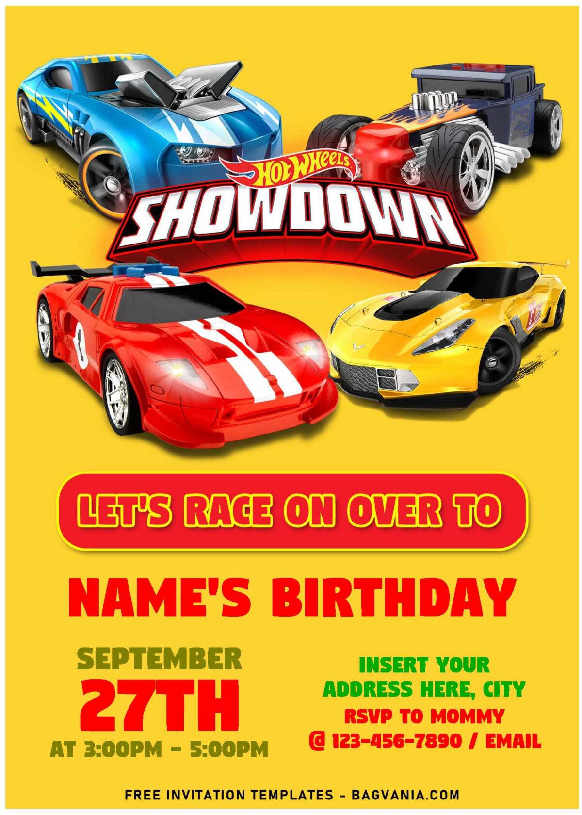 (Free Editable PDF) Race With The Winner Hot Wheels Birthday Invitation Templates with ford GT and Hotrod