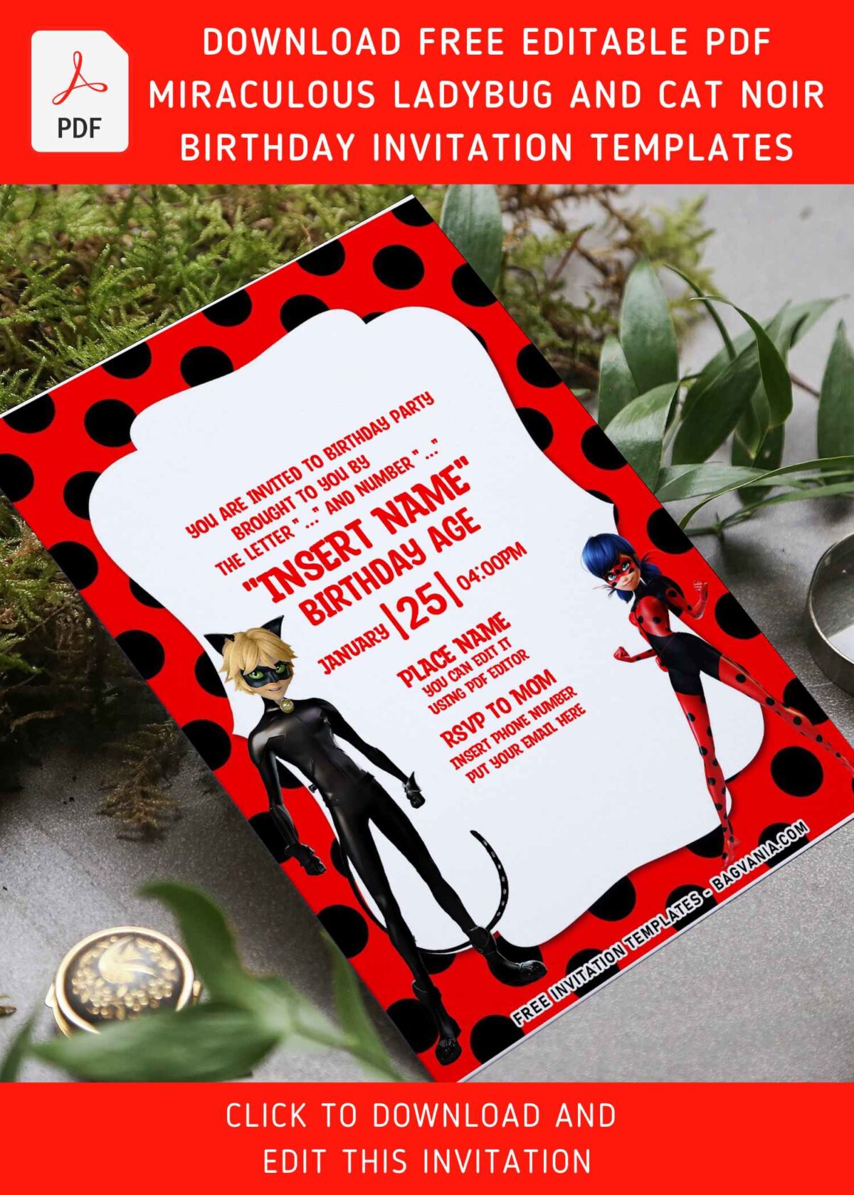 (Free Editable PDF) Super-Hero Ladybug And Cat Noir Birthday Invitation Templates with adorable Cat Noir
