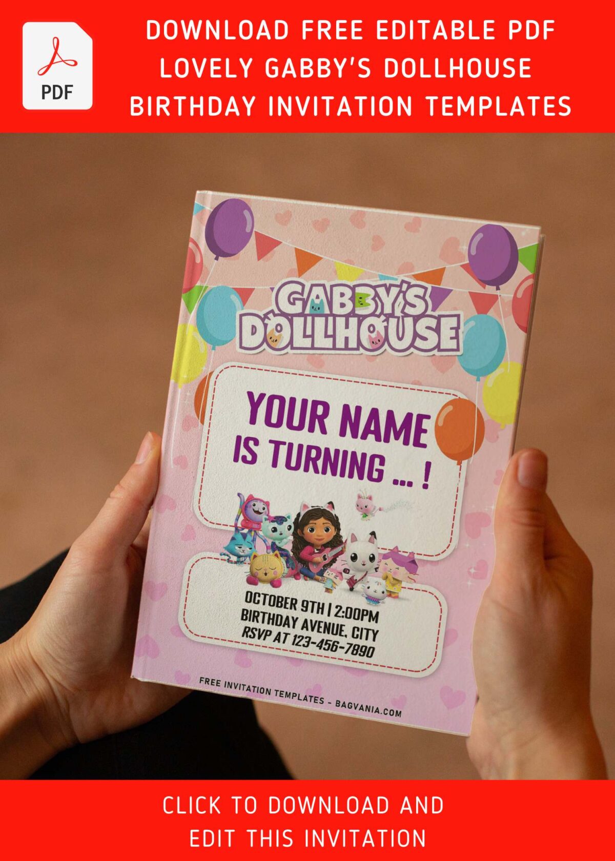 (Free Editable PDF) Purr-fect Gabby's Dollhouse Birthday Invitation Templates with cute DJ Catnip