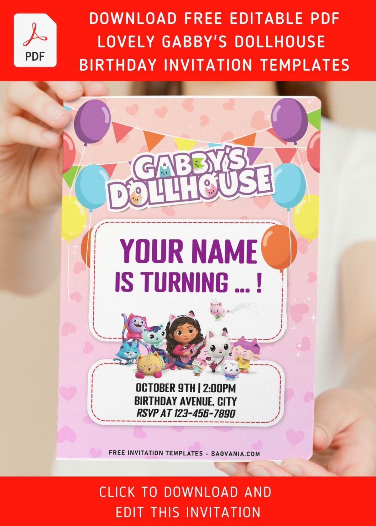 (Free Editable PDF) Purr-fect Gabby's Dollhouse Birthday Invitation Templates with editable text