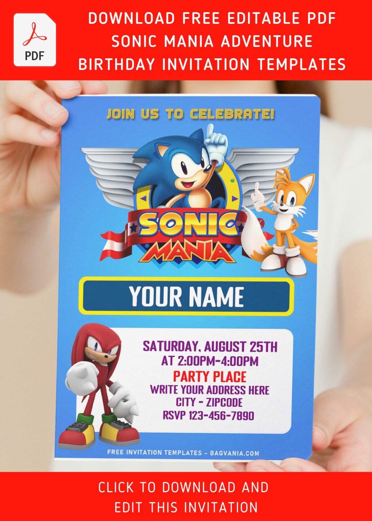 (Free Editable PDF) Super Cool Classic Sonic The Hedgehog Birthday Invitation Templates with cute blue background
