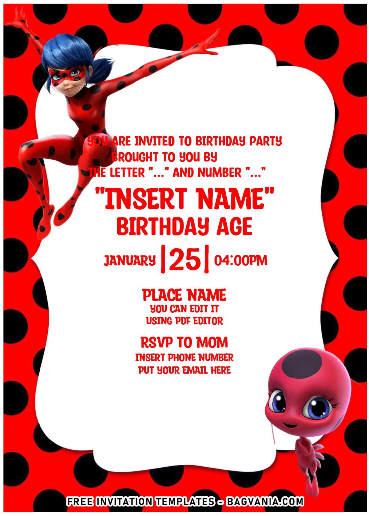 (Free Editable PDF) Super-Hero Ladybug And Cat Noir Birthday Invitation Templates with super cool Flying Ladybug