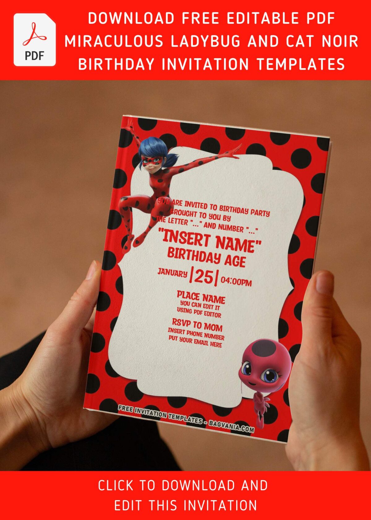 (Free Editable PDF) Super-Hero Ladybug And Cat Noir Birthday Invitation Templates with cute pink Tikki