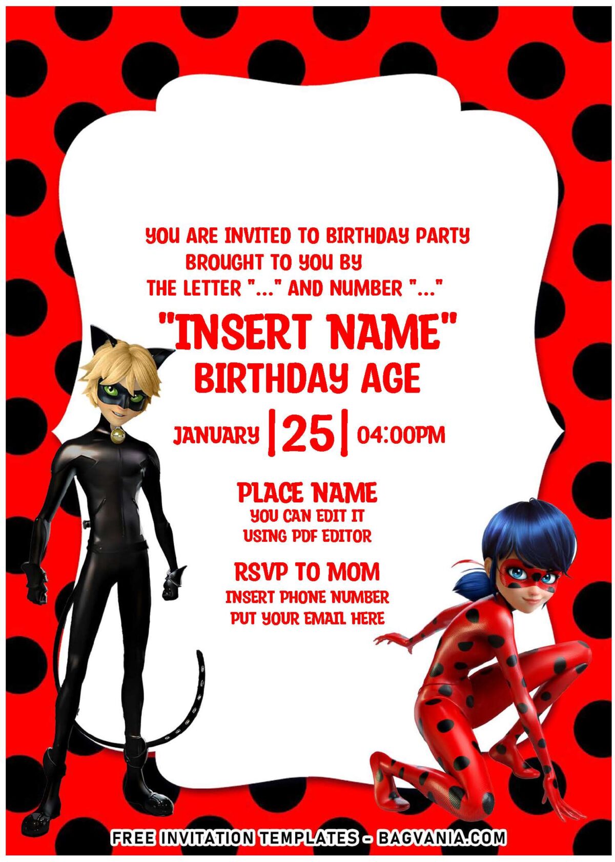 (Free Editable PDF) Super-Hero Ladybug And Cat Noir Birthday Invitation Templates with ladybug polka dot background