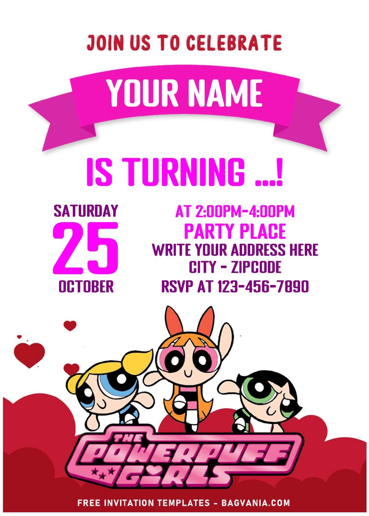 (Free Editable PDF) You Glow Girl Powerpuff Girls Birthday Invitation Templates with cute pink text
