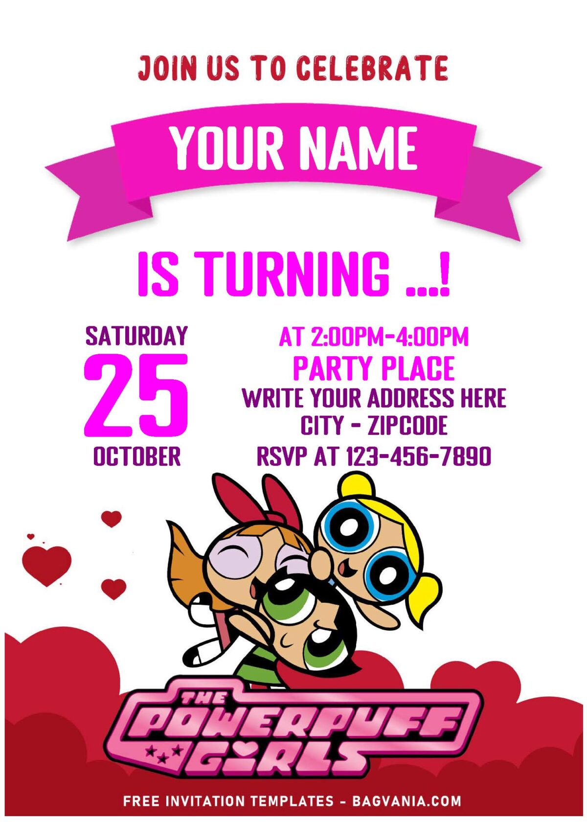 (Free Editable PDF) You Glow Girl Powerpuff Girls Birthday Invitation Templates with cute heart border