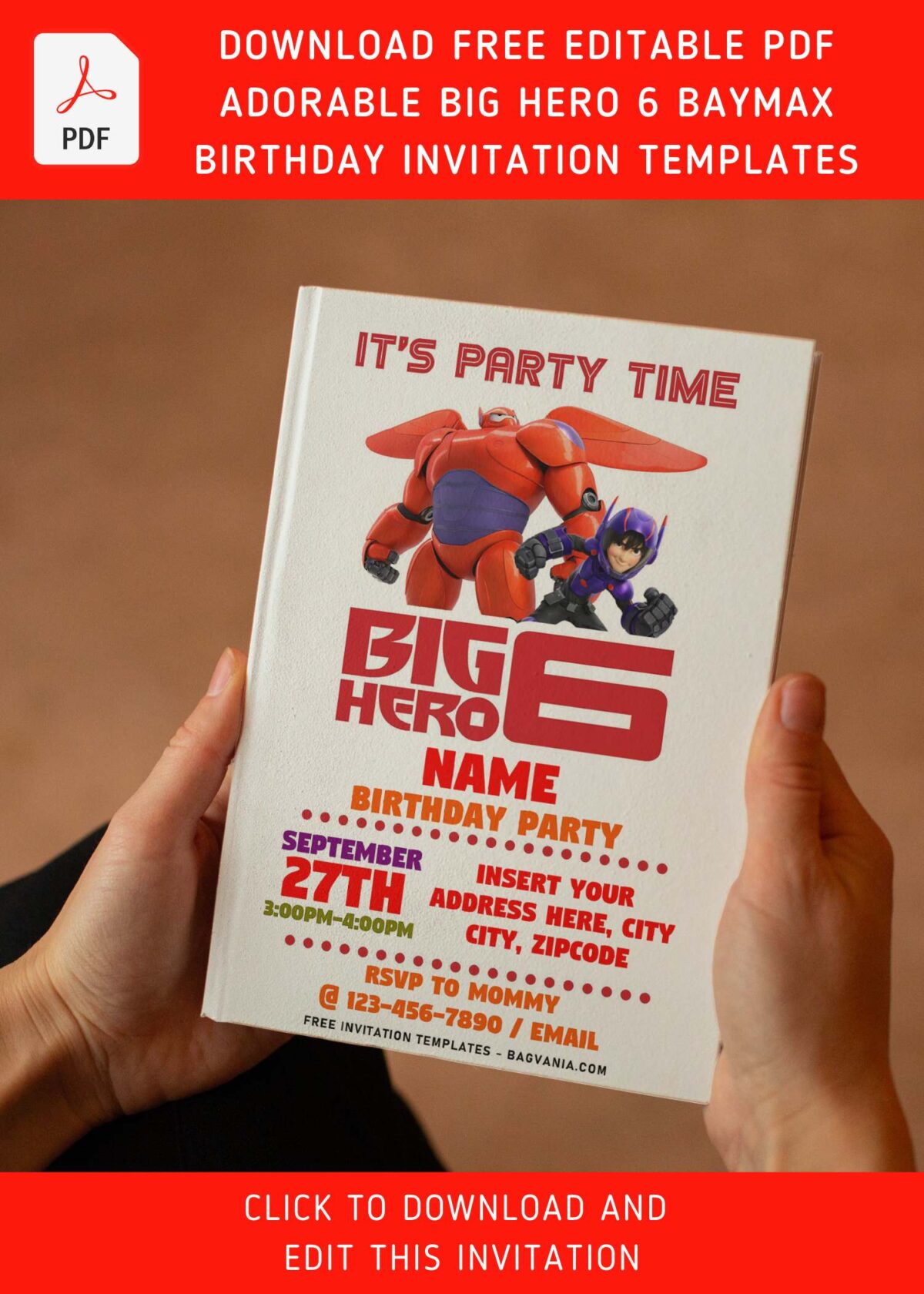 (Free Editable PDF) Adorable Big Hero 6 Baymax Birthday Invitation Templates with colorful text