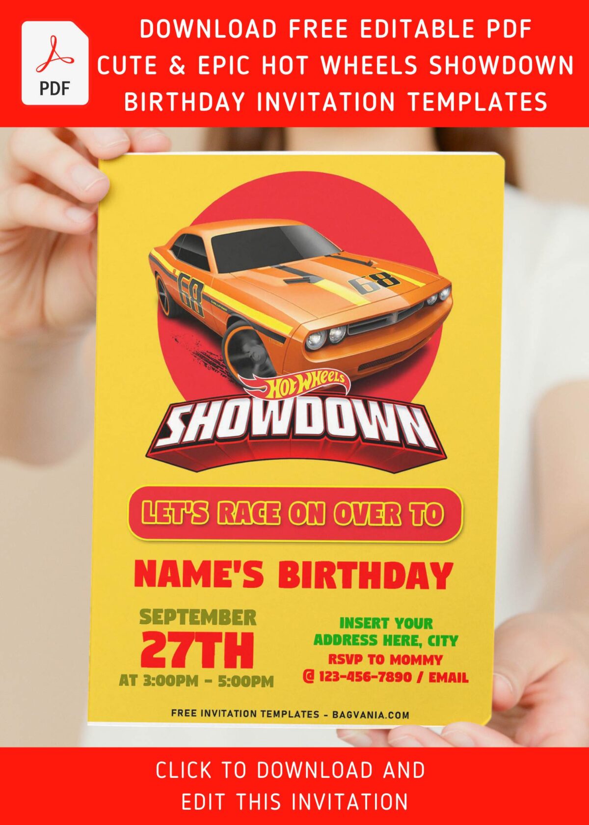 (Free Editable PDF) Race With The Winner Hot Wheels Birthday Invitation Templates with bright yellow background