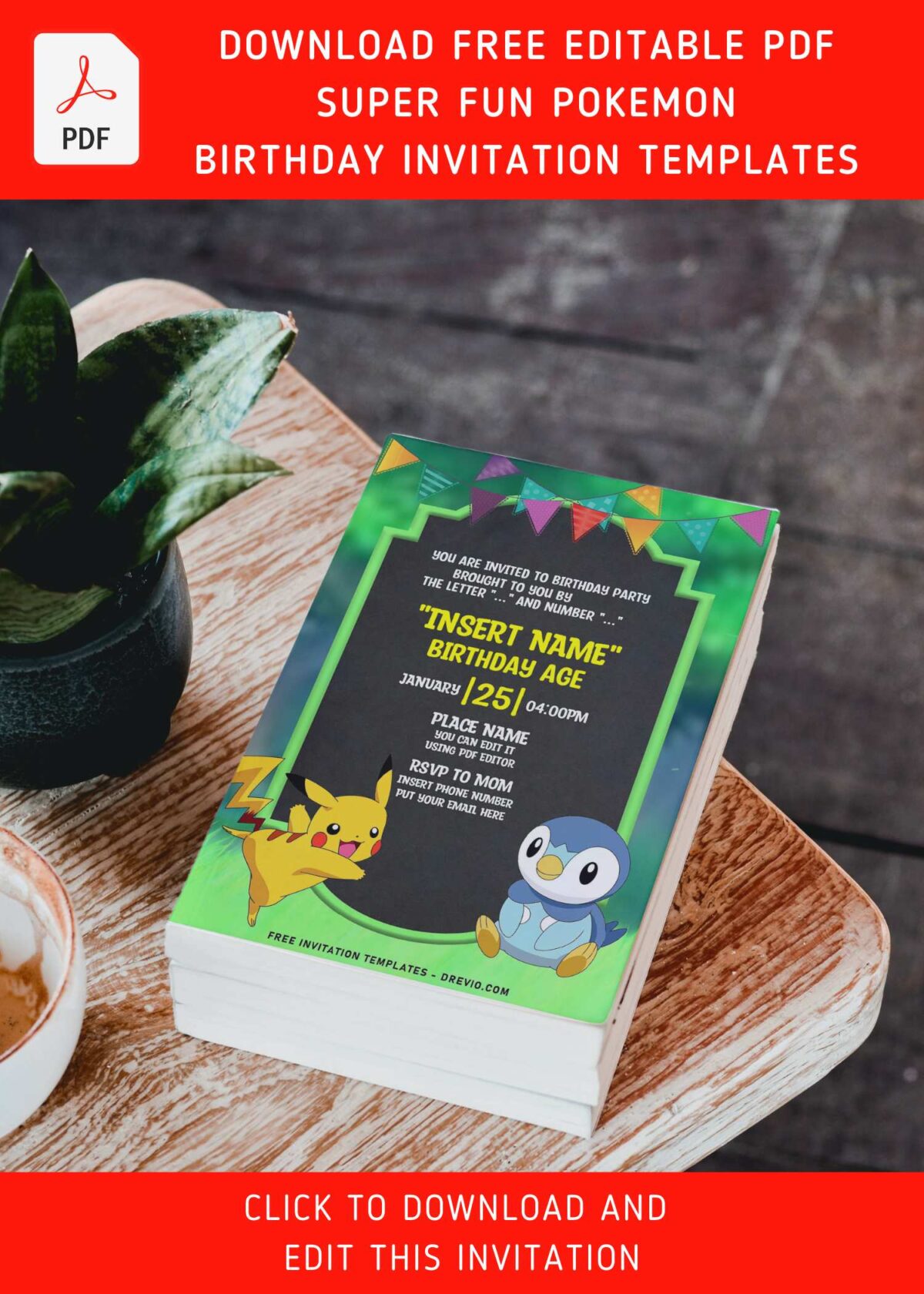 (Free Editable PDF) Hilarious Pikachu And Friends Pokémon Birthday Invitation Templates with adorable baby penguin Piplup