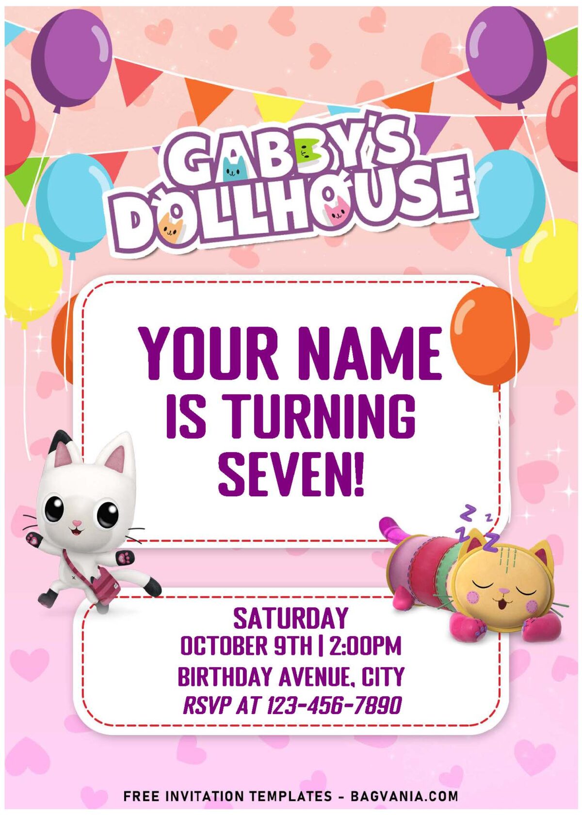 (Free Editable PDF) Purr-fect Gabby's Dollhouse Birthday Invitation Templates with pink background