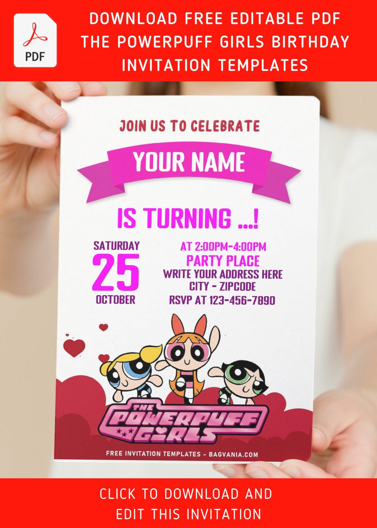 (Free Editable PDF) You Glow Girl Powerpuff Girls Birthday Invitation Templates with adorable Bubble