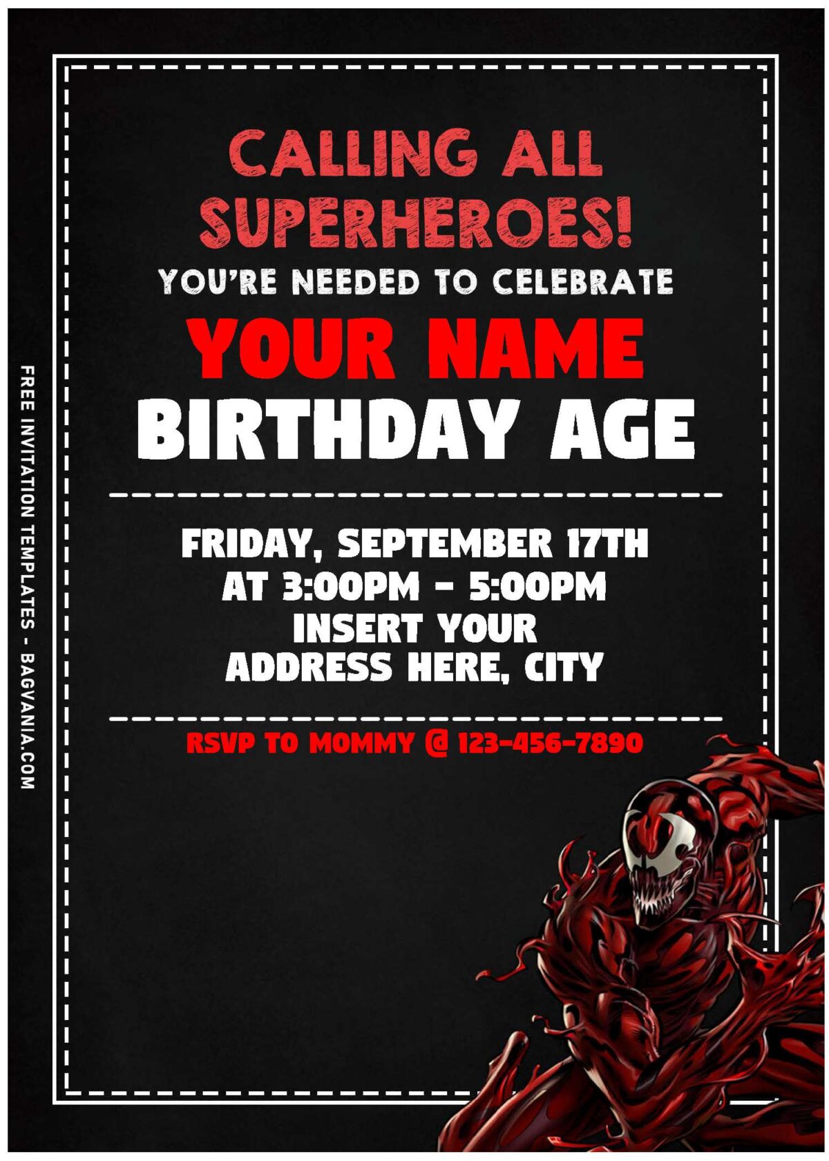 (Free Editable PDF) Anti Hero Venom Carnage Birthday Invitation Templates with chalkboard background