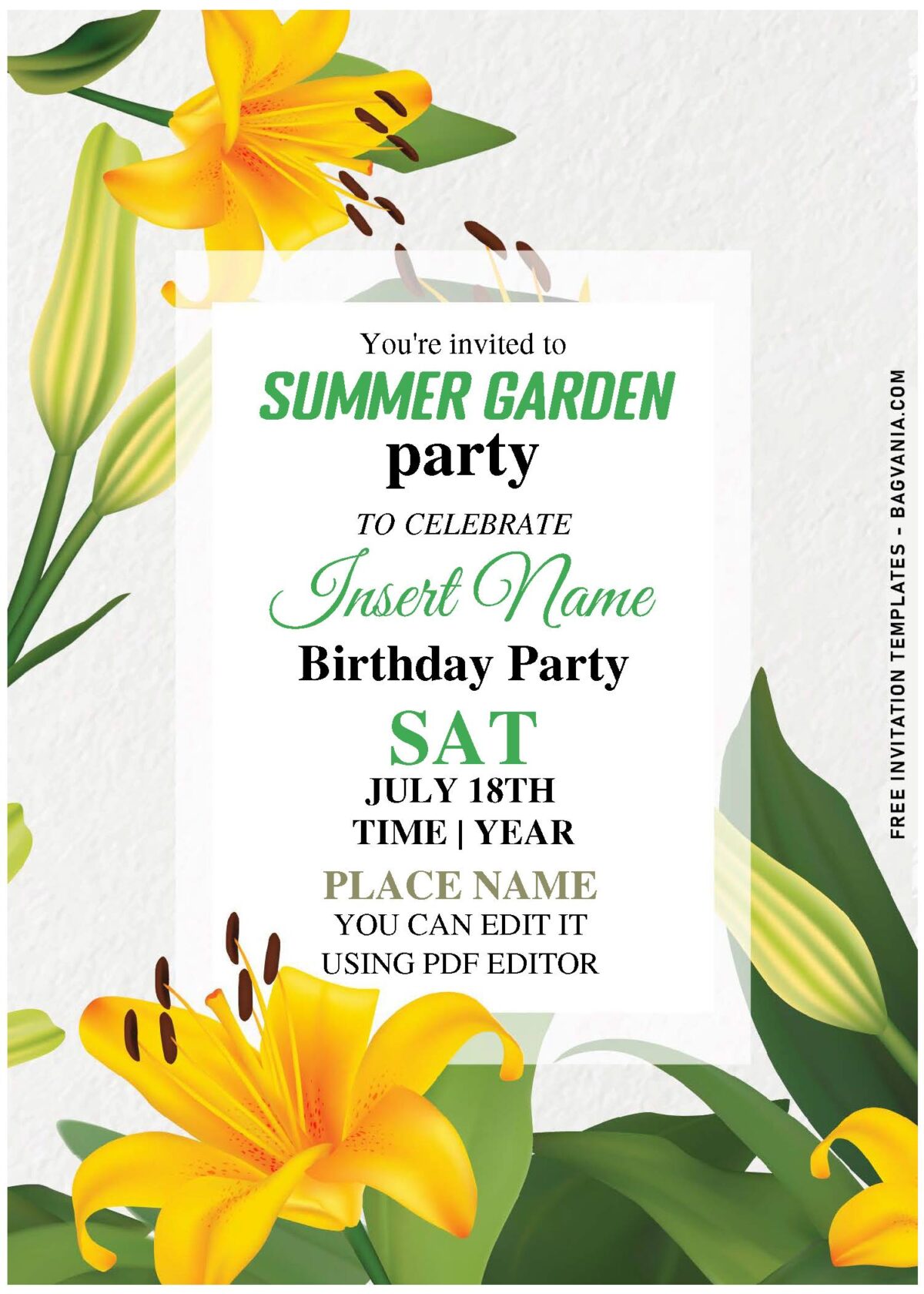 (Free Editable PDF) Cheerful Fall-Blooming Lily Garden Birthday Invitation Templates with rustic background