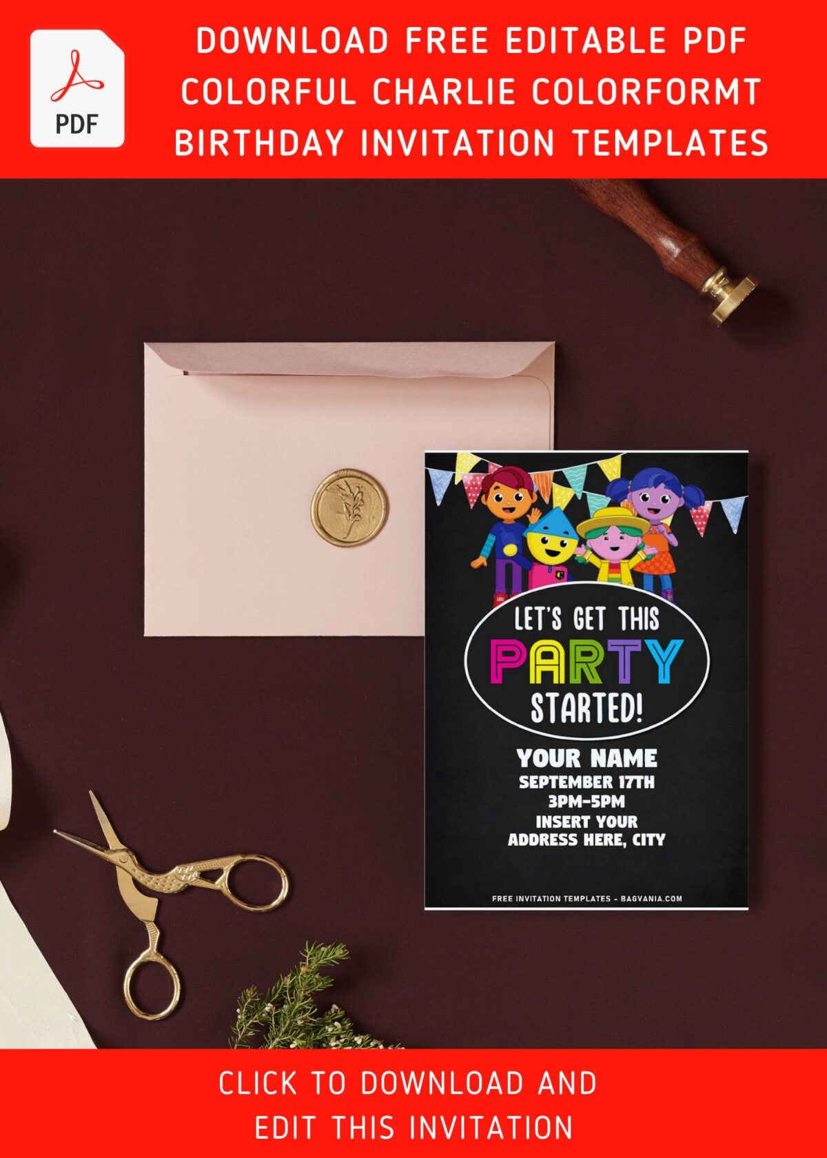 (Free Editable PDF) Chalkboard Charlie's Colorform City Birthday Invitation Templates with Red and Charlie