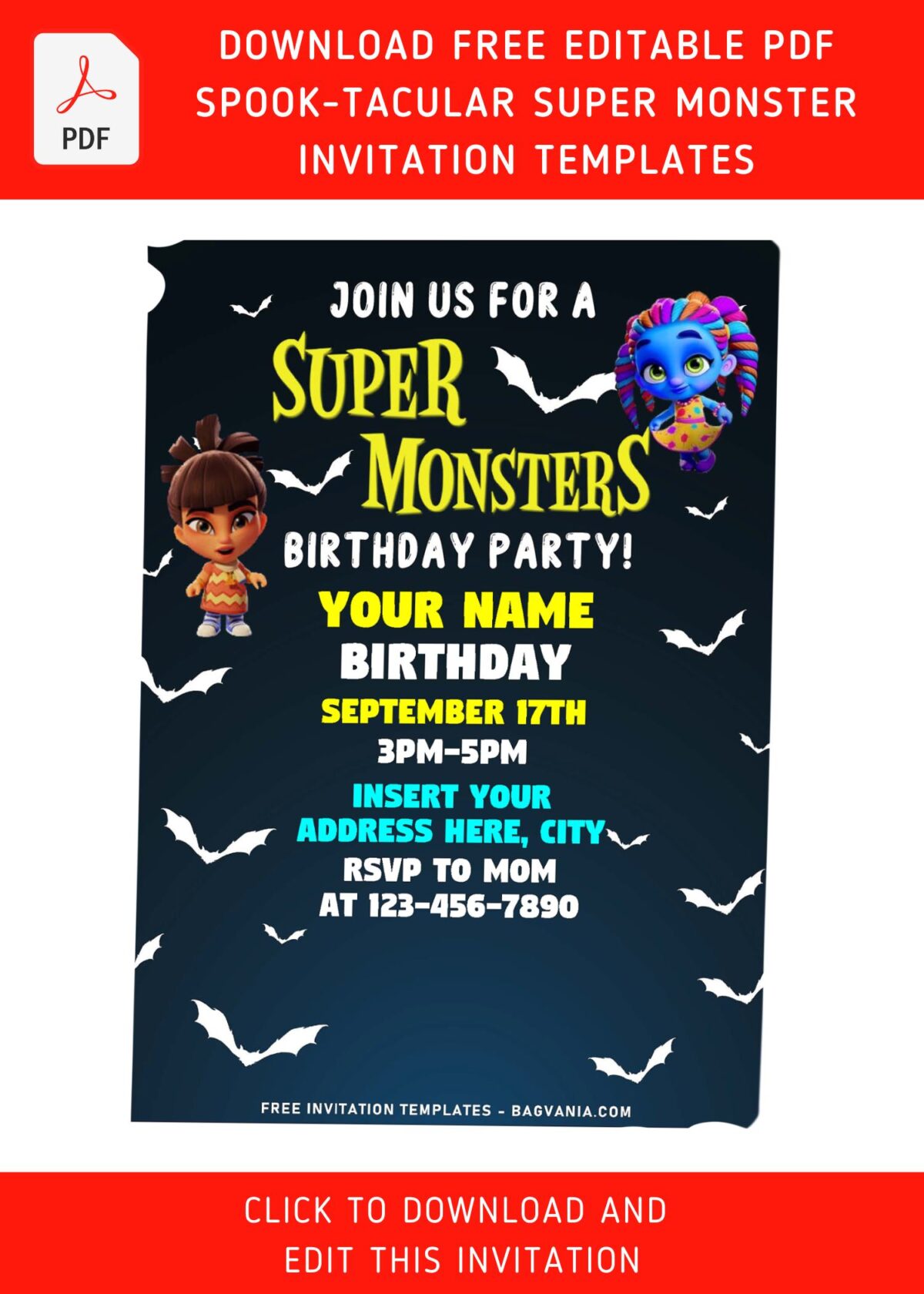 (Free Editable PDF) Spooktacular Super Monster Birthday Invitation Templates with cute Cleo