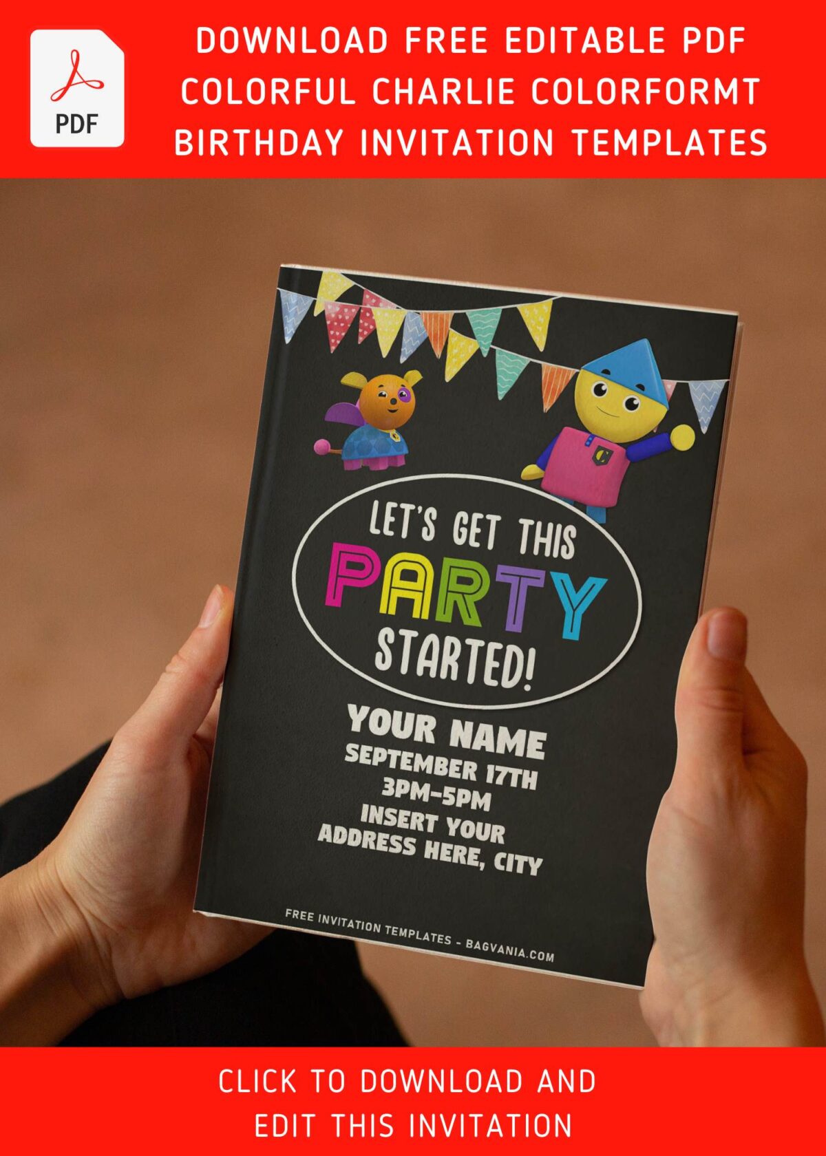 (Free Editable PDF) Chalkboard Charlie's Colorform City Birthday Invitation Templates with colorful text