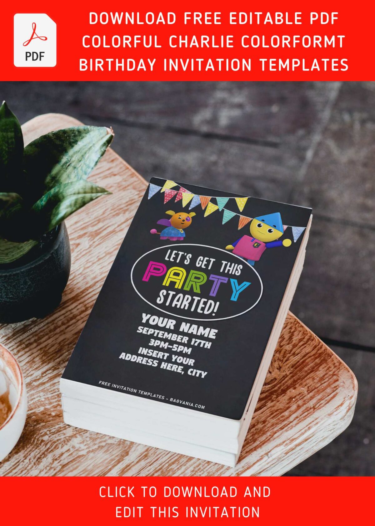 (Free Editable PDF) Chalkboard Charlie's Colorform City Birthday Invitation Templates with colorful bunting flags