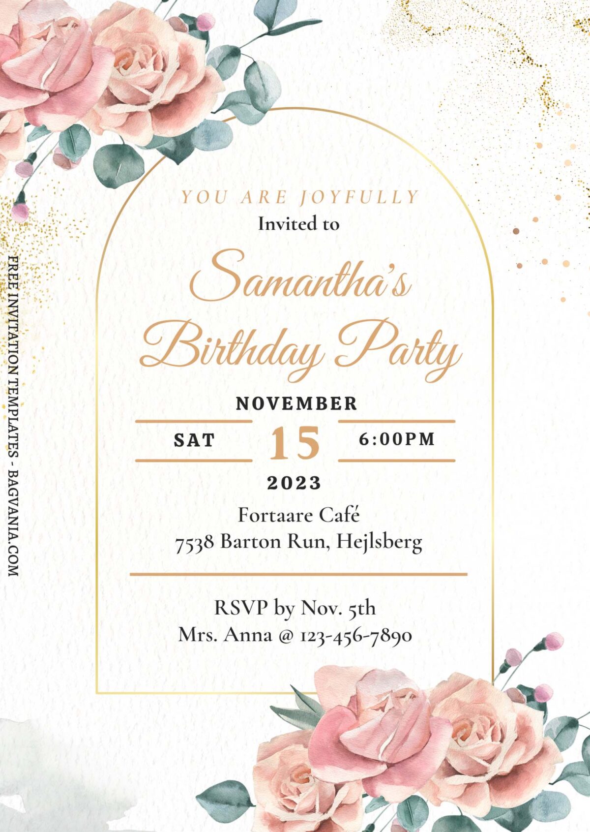 (Free) 7+ Cozy Autumn Floral Canva Birthday Invitation Templates with modern gold arch frame