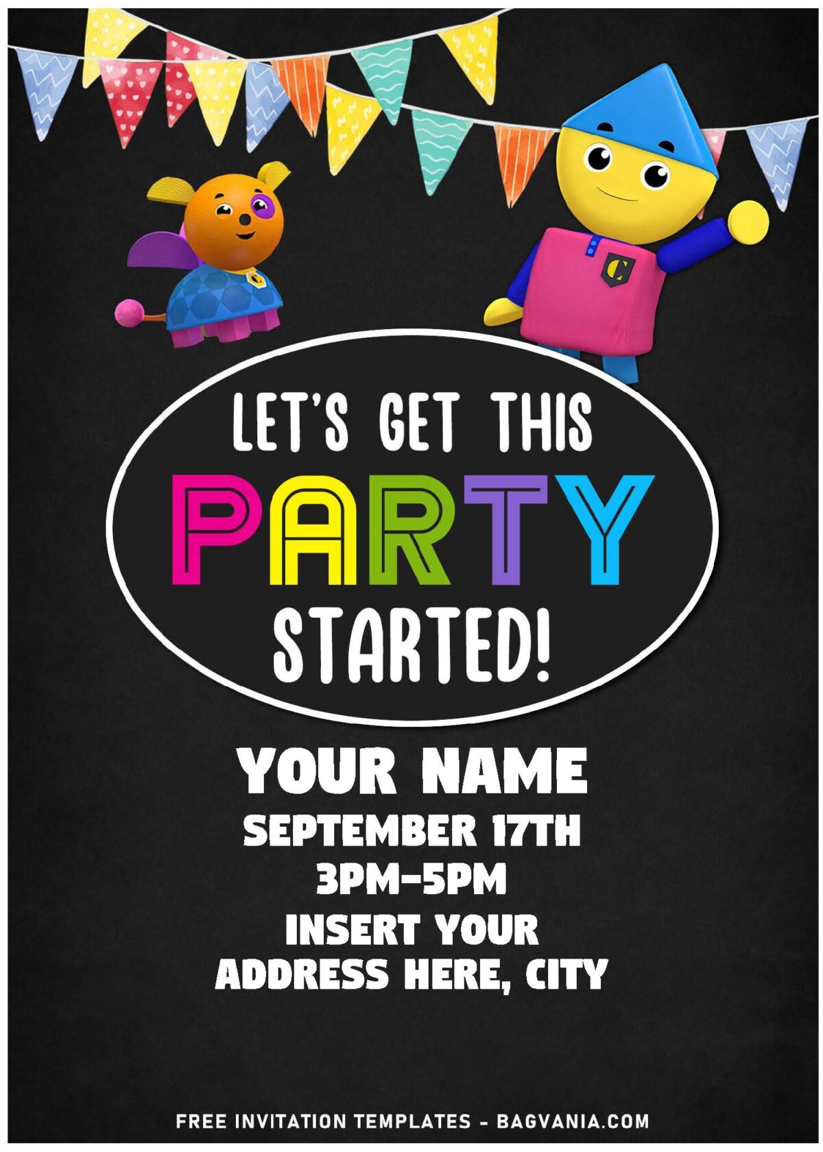 (Free Editable PDF) Chalkboard Charlie's Colorform City Birthday Invitation Templates with simple black background