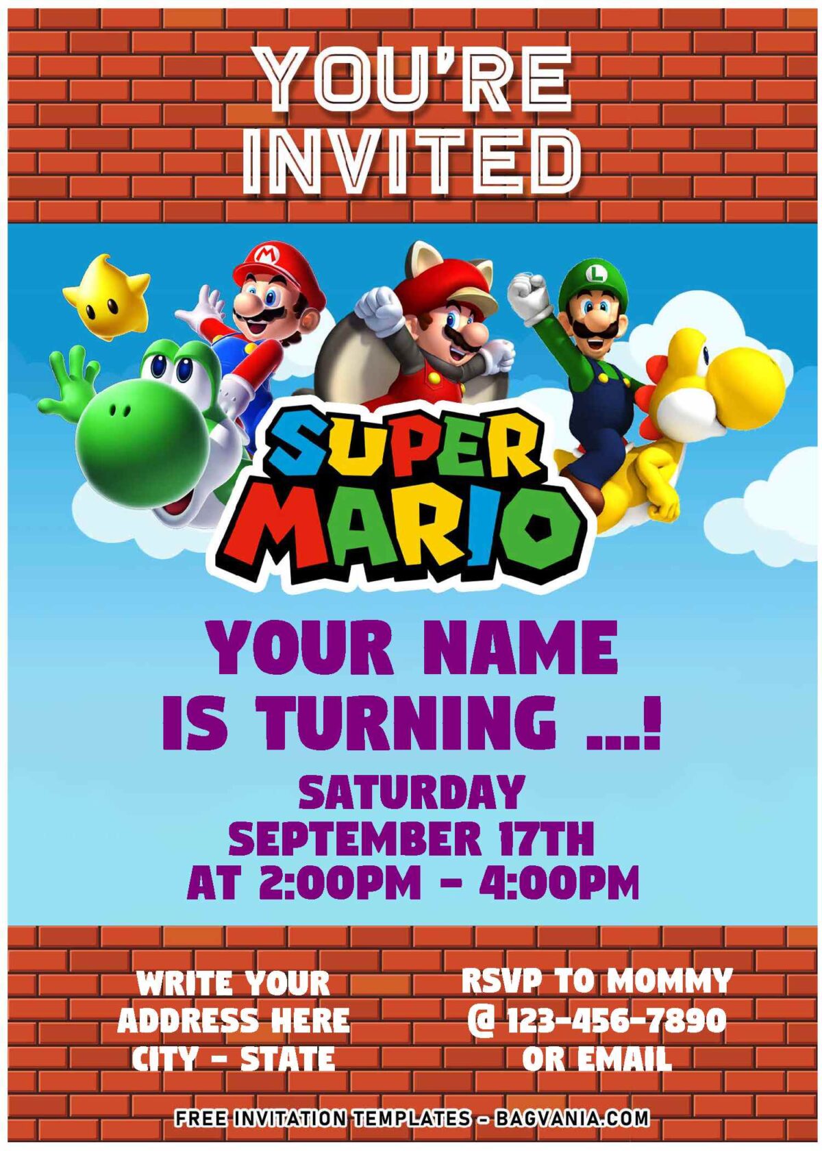 (Free Editable PDF) Super Mario Bros Sunshine Birthday Invitation Templates with Star Power