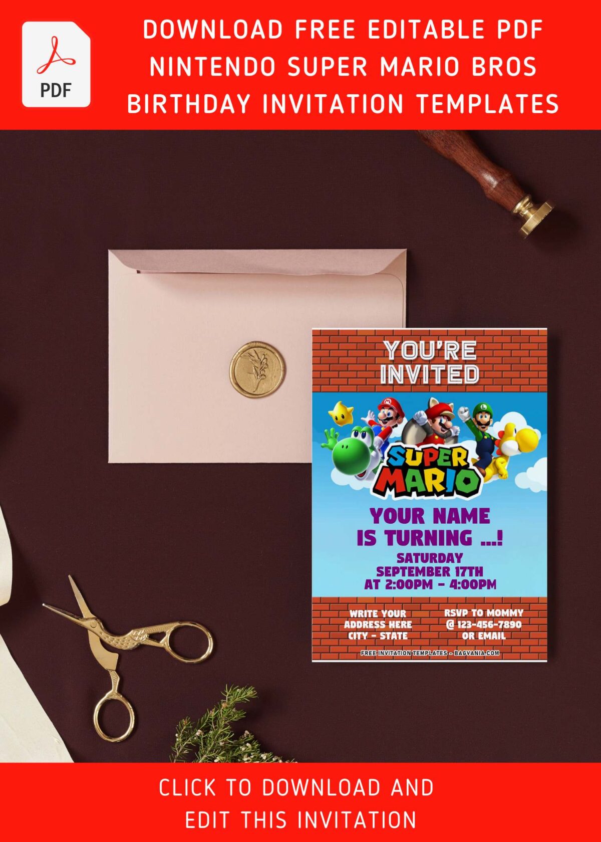 (Free Editable PDF) Super Mario Bros Sunshine Birthday Invitation Templates with Mario World Background