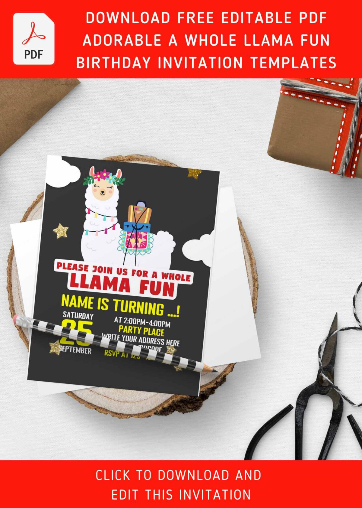 (Free Editable PDF) Super Cute Llama Party-Rama Birthday Invitation Templates with 