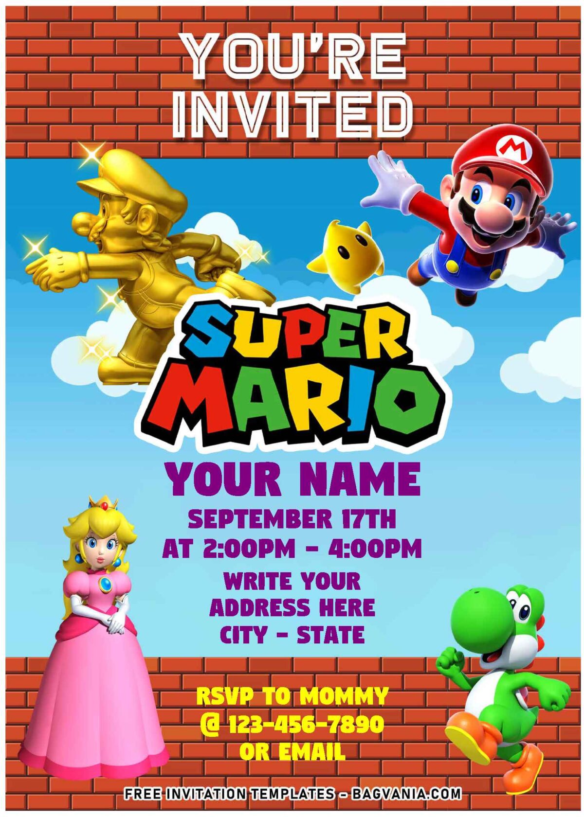 (Free Editable PDF) Super Mario Bros Sunshine Birthday Invitation Templates with Golden Mario Statue